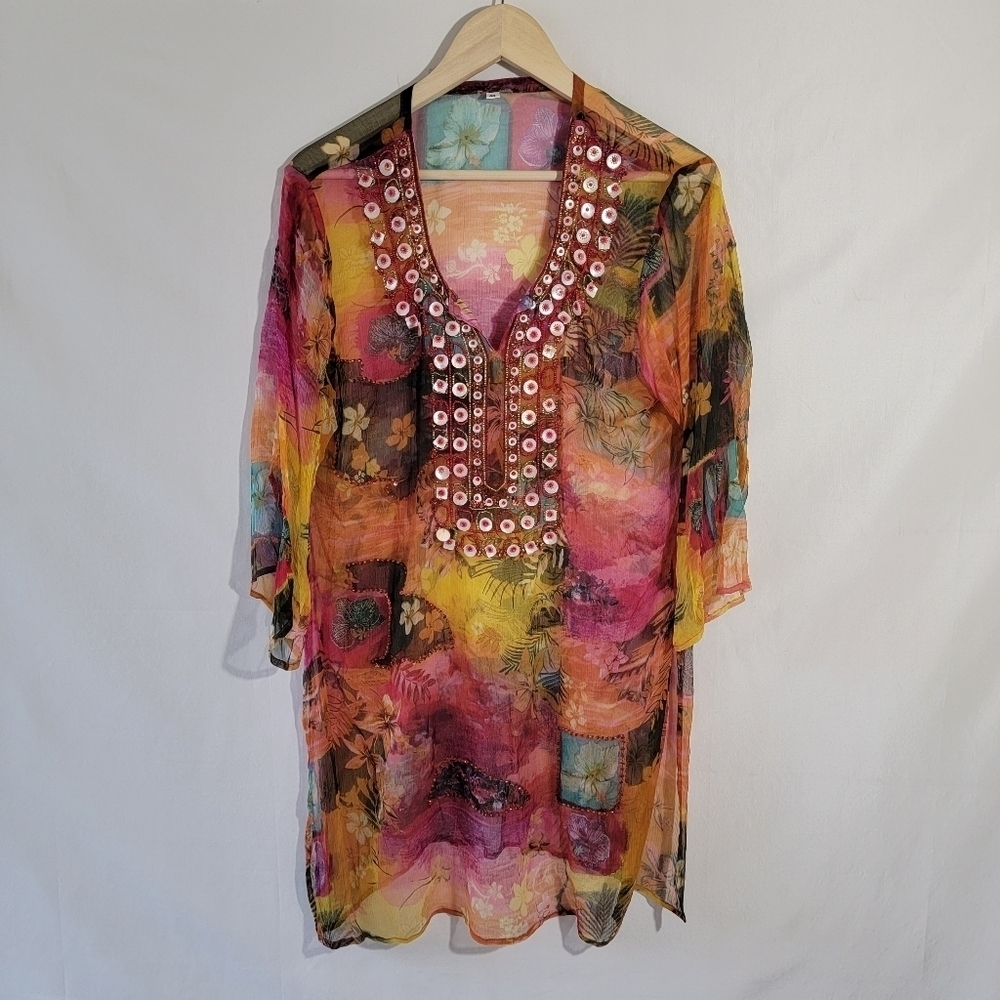 Colorful Vibrant Beach Cover-Up Sz 40/S-M Embellished 100% Silk Floral Dog Retro